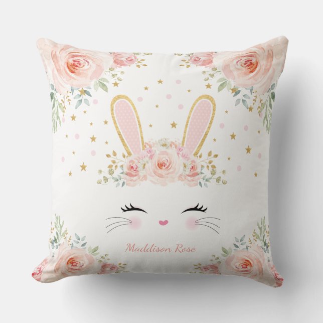 Cute Blush Floral Bunny Rabbit Baby Girl Nursery Throw Pillow (Front)