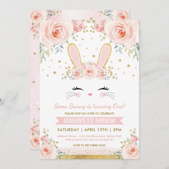 Cute Blush Floral Bunny Rabbit Birthday Party Invitation