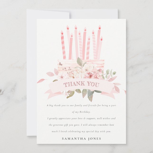 Cute Blush Floral Cake Candles Any Age Birthday Thank You Card (Front)