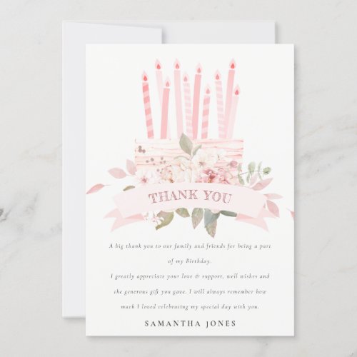 Cute Blush Floral Cake Candles Any Age Birthday Thank You Card