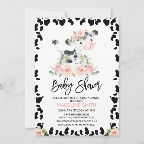 Cute Blush Floral Cow Baby Shower Invitation