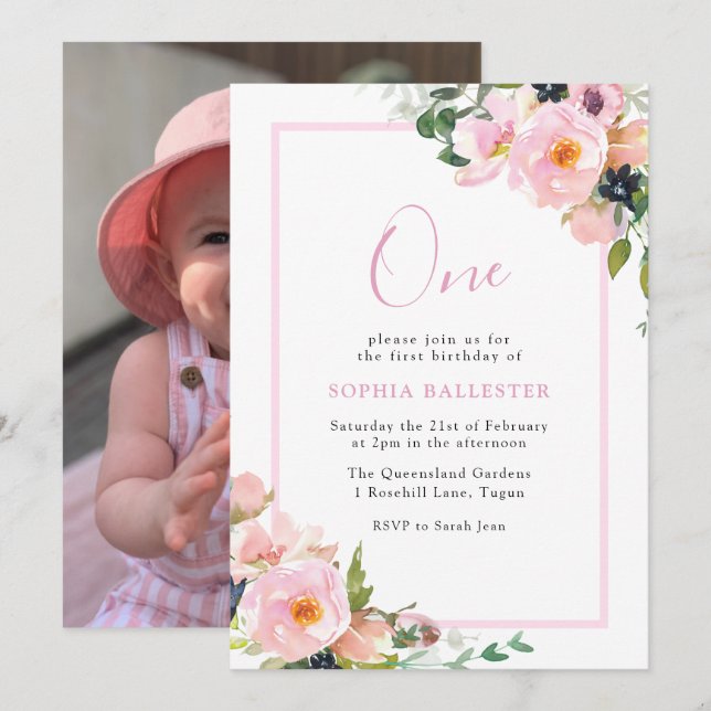 Cute Blush Flowers Girls 1st Birthday Party Photo Invitation (Front/Back)