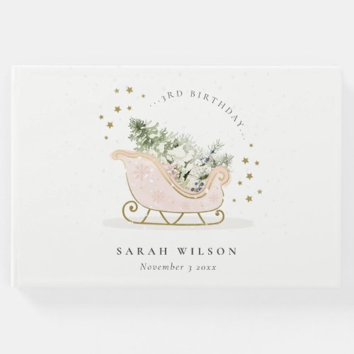 Cute Blush Gold Winter Sleigh Any Age Birthday Guest Book