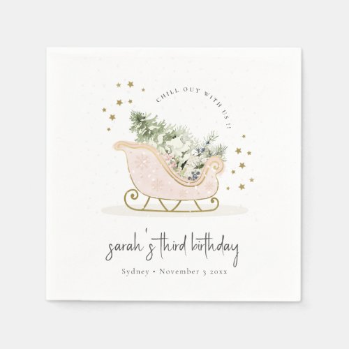 Cute Blush Gold Winter Sleigh Any Age Birthday Napkins