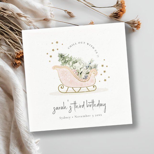 Cute Blush Gold Winter Sleigh Any Age Birthday Napkins (Creator Uploaded)