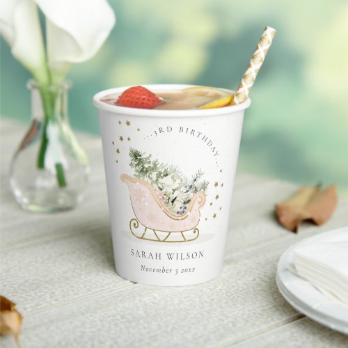 Cute Blush Gold Winter Sleigh Any Age Birthday Paper Cups