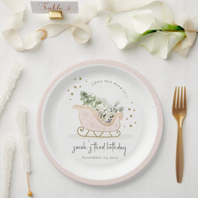 Cute Blush Gold Winter Sleigh Any Age Birthday Paper Plates (Wedding)