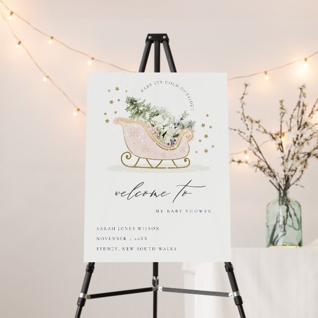 Cute Blush Gold Winter Sleigh Baby Shower Welcome Foam Board (In Situ (Stand))