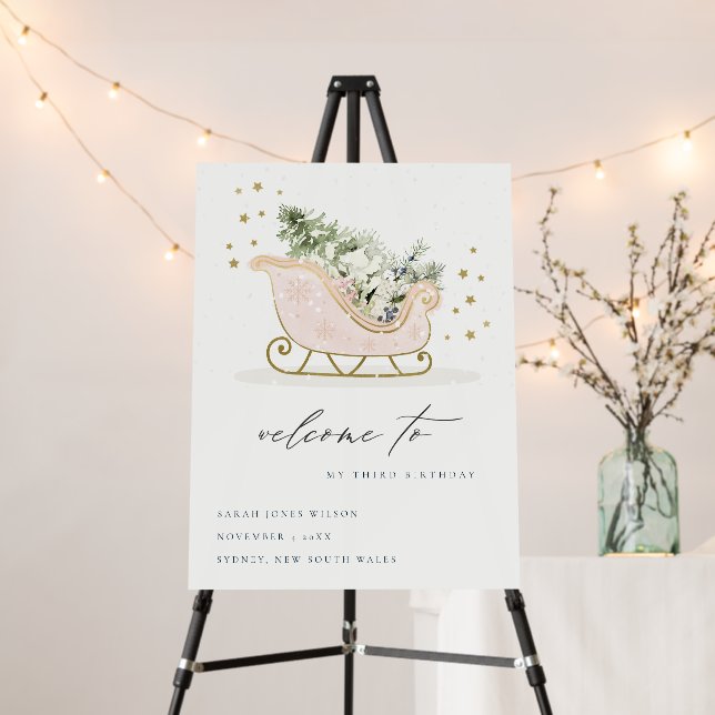 Cute Blush Gold Winter Sleigh Birthday Welcome Foam Board (In Situ (Stand))