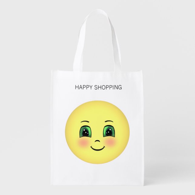 Cute blush happy face emoji grocery bag (Front)