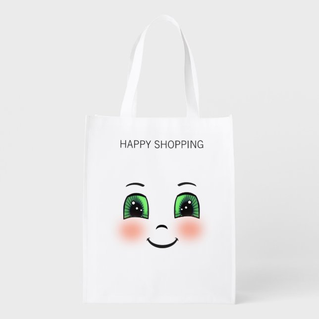 Cute blush happy face emoji on white grocery bag (Back)