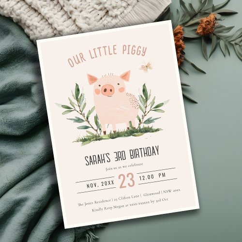 Cute Blush Little Farm Pig Butterfly Kids Birthday Invitation