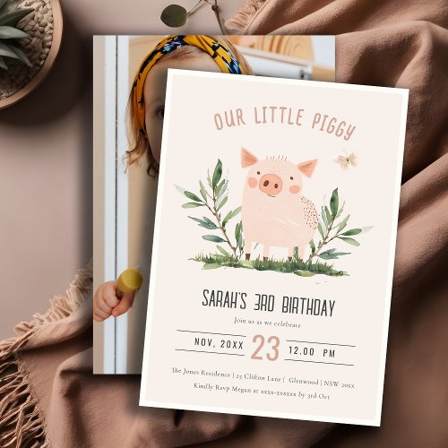 Cute Blush Little Pig Kids Farm Pig Photo Birthday Invitation
