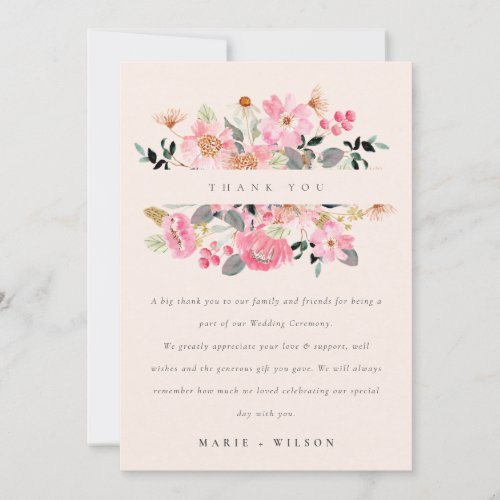 Cute Blush Lively Pink Watercolor Floral Wedding Thank You Card
