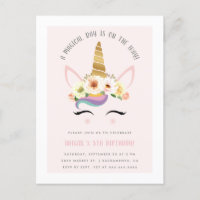 Cute Blush Magical Unicorn Birthday Party Invitation Postcard