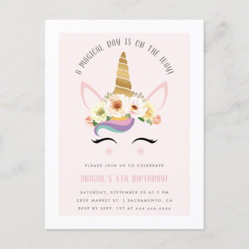 Cute Blush Magical Unicorn Birthday Party Invitation Postcard