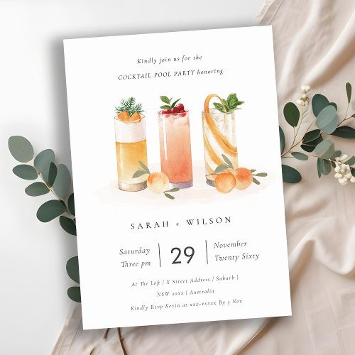 Cute Blush Orange Fruit Cocktail Pool Party Invite