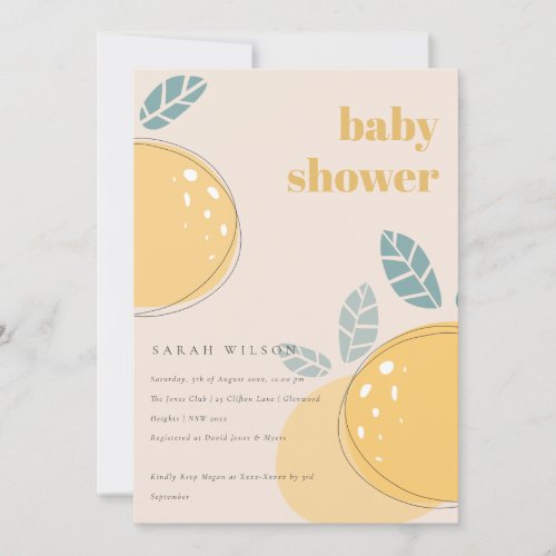 Cute Blush Peach Lemon Fruity Bold Baby Shower Invitation