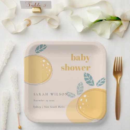 Cute Blush Peach Lemon Fruity Bold Baby Shower Paper Plates