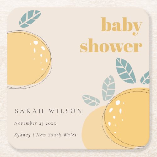Cute Blush Peach Lemon Fruity Bold Baby Shower  Square Paper Coaster