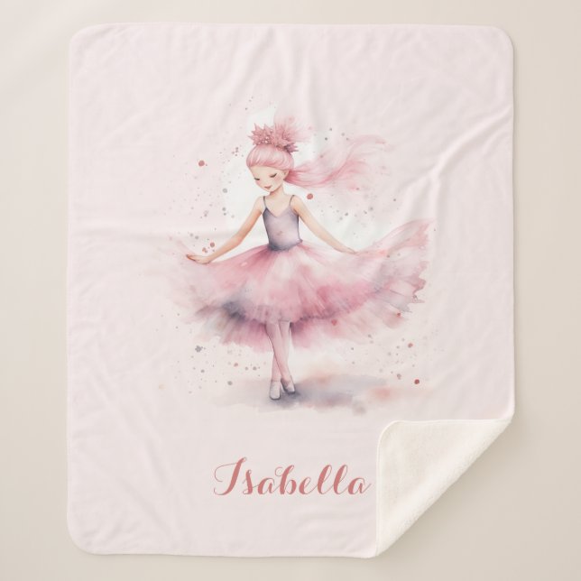 Cute blush pink ballerina name sherpa blanket (Front)