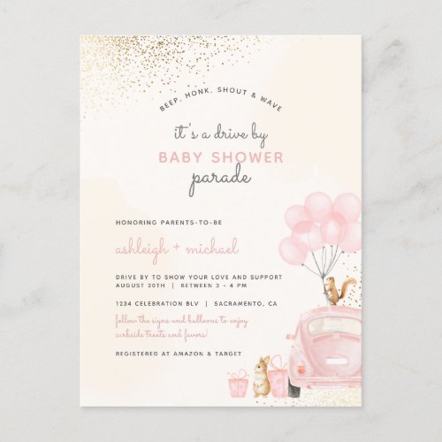 Cute Blush Pink Balloons Car Drive By Baby Shower Invitation Postcard