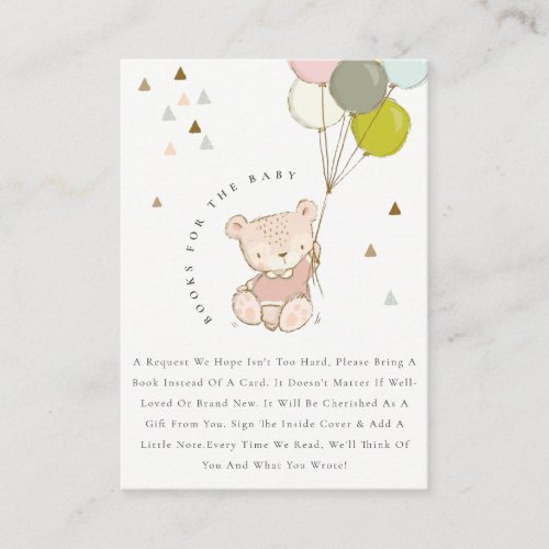 Cute Blush Pink Bear Balloon Books For Baby Shower Enclosure Card