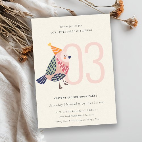 Cute Blush Pink Birdie Any Age 3rd Birthday Invitation