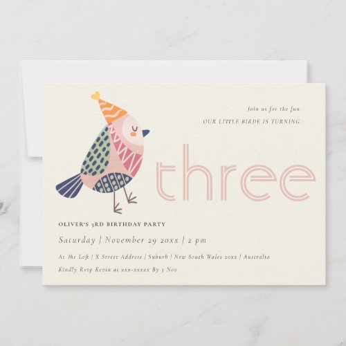 Cute Blush Pink Birdie Any Age 3rd Birthday Invite