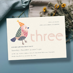 Cute Blush Pink Birdie Any Age 3rd Birthday Invite