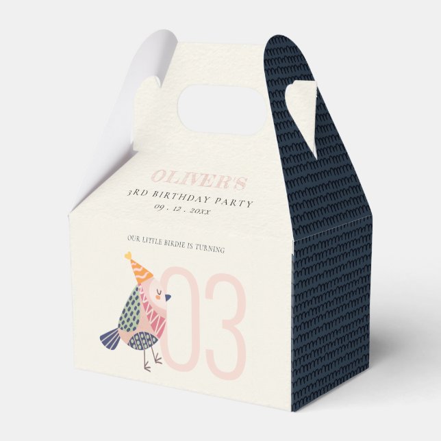 Cute Blush Pink Blue Birdie Any Age Birthday Favor Boxes (Front Side)