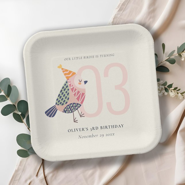 Cute Blush Pink Boho Birdie Any Age Birthday Paper Plates (Creator Uploaded)
