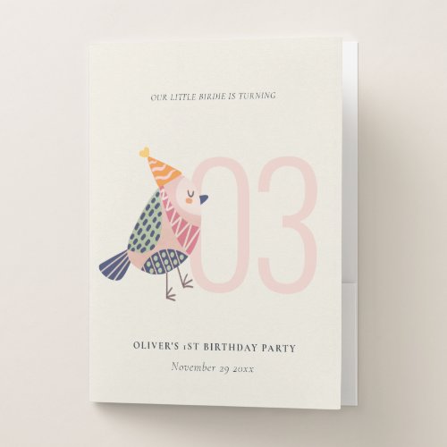 Cute Blush Pink Boho Birdie Any Age Birthday Pocket Folder