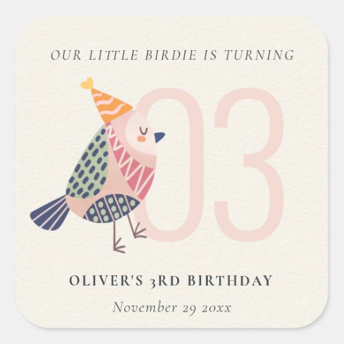 Cute Blush Pink Boho Birdie Any Age Birthday Square Sticker