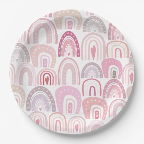 Cute Blush Pink Boho Rainbow Pattern Paper Plates