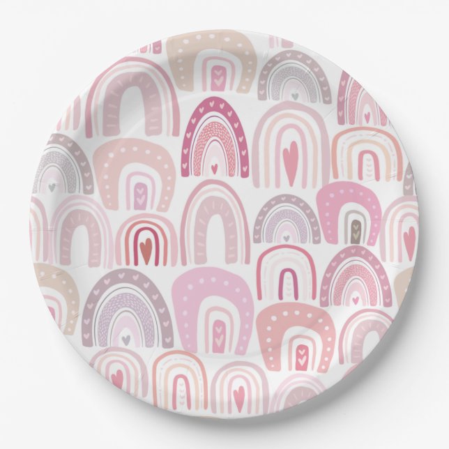 Cute Blush Pink Boho Rainbow Pattern Paper Plates (Front)