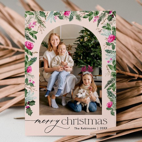 Cute Blush Pink Botanical Greenery Arch Christmas Holiday Card