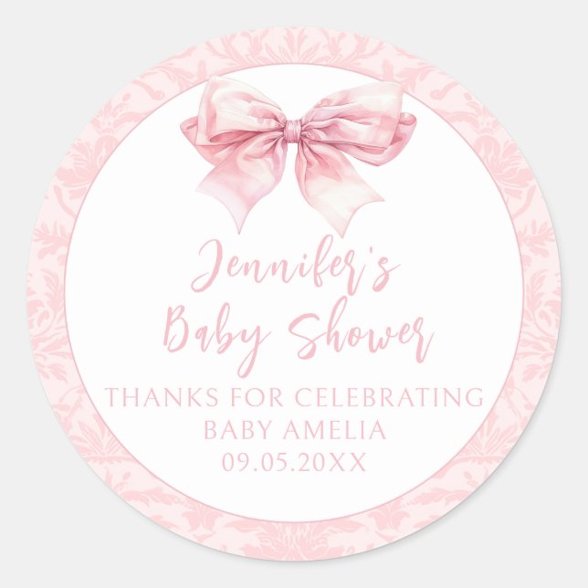 Cute Blush Pink Bow Damask Baby Girl Shower Classic Round Sticker (Front)