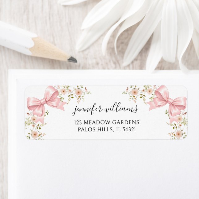 Cute Blush Pink Bow Floral Baby Girl Shower Label (Insitu)