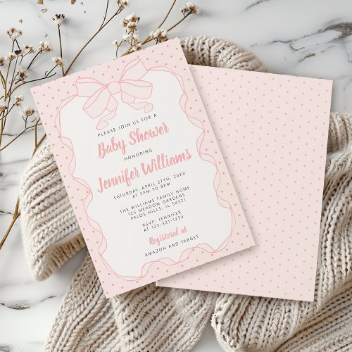 Cute blush pink bow ribbon baby girl shower invitation