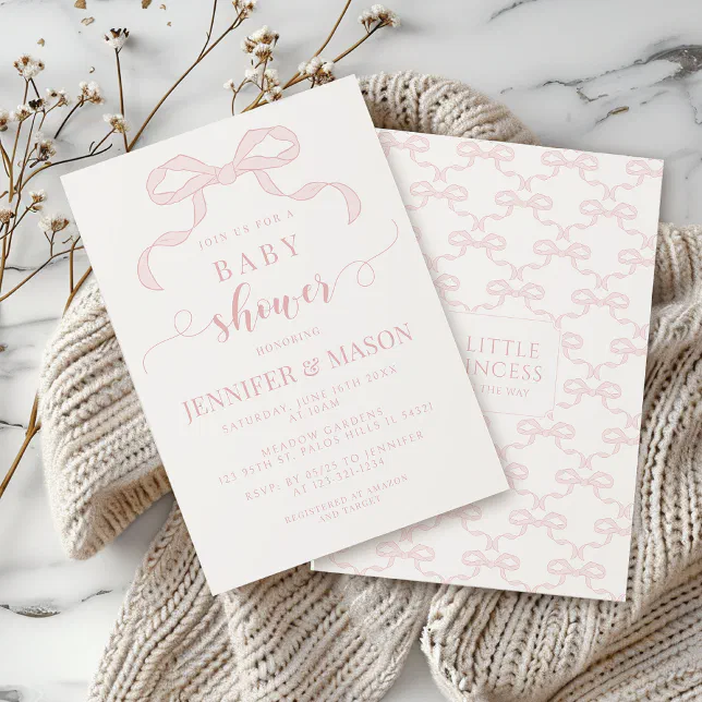 Cute blush pink bow ribbon boho baby girl shower invitation | Zazzle