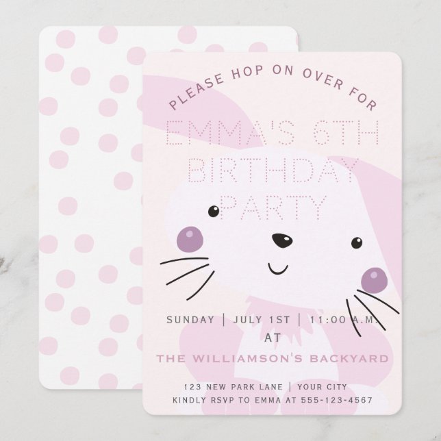 Cute Blush Pink Bunny | Girls Birthday Party Invitation (Front/Back)