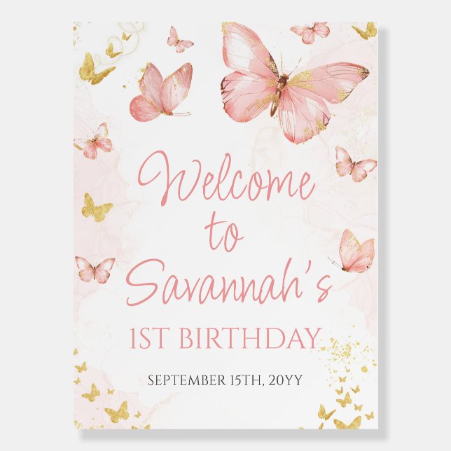 Cute Blush Pink Butterfly 1st Birthday Party Foam Board (Front)