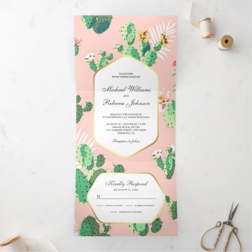 Cute Blush Pink Cactus Floral All in One Wedding Tri_Fold Invitation