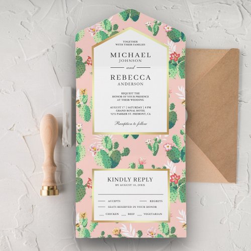 Cute Blush Pink Cactus Floral Wedding All In One Invitation