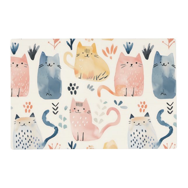 Cute blush pink cat pattern  placemat (Front)