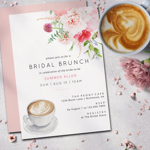 Cute Blush Pink Coffee Peony Garden Bridal Brunch Invitation