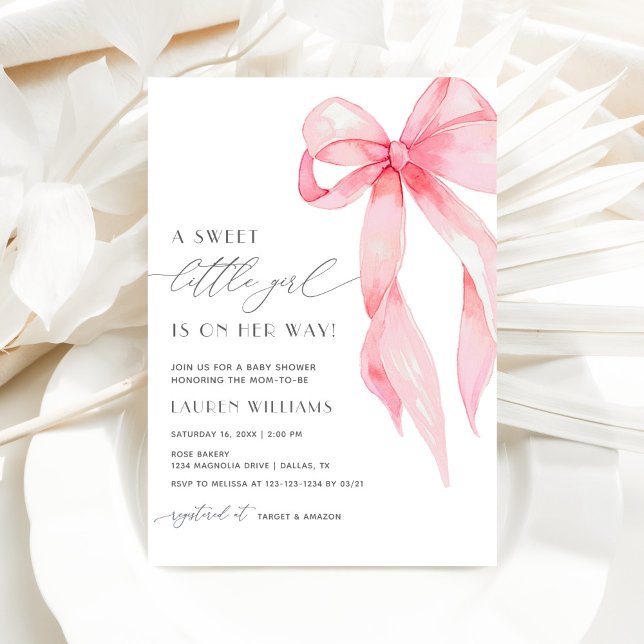 Cute Blush Pink Coquette Bow Baby Girl Shower Invitation (Creator Uploaded)