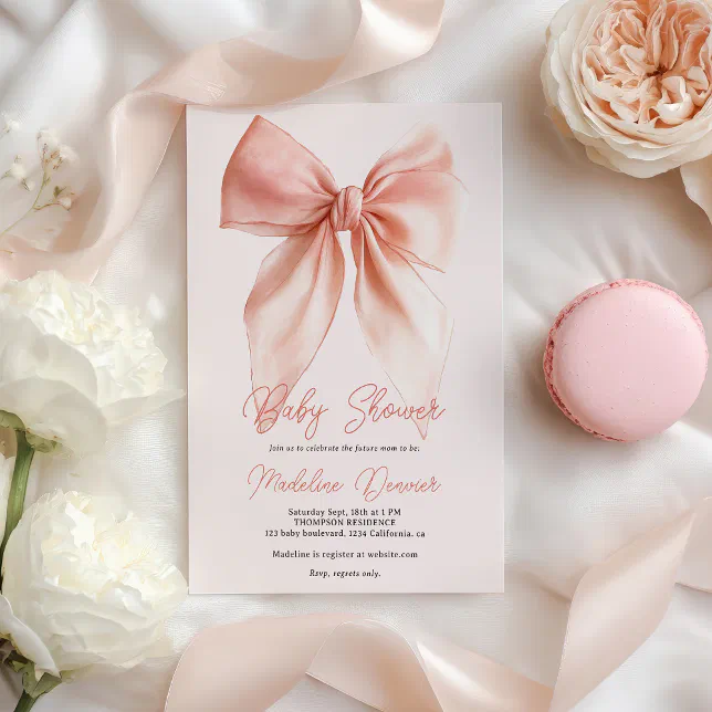 Cute Blush Pink Coquette Bow Girl Baby Shower Invitation | Zazzle
