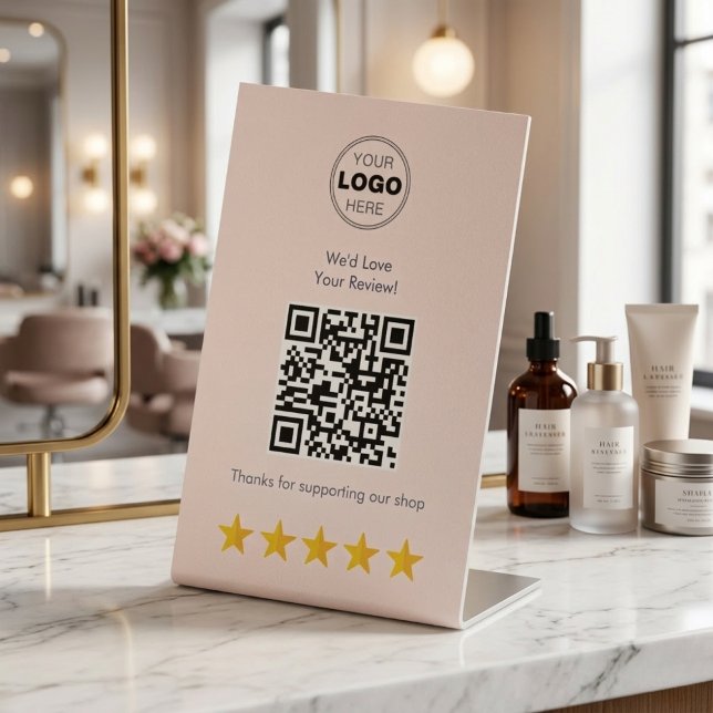 Cute Blush Pink Customer Review QR Code Pedestal Sign (Boost Your Small Biz Reviews! Cute Blush Pink QR Code Pedestal Sign for Salons & Cafes)